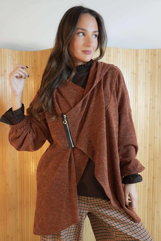 Waffle Zip Hooded Jacket Rust